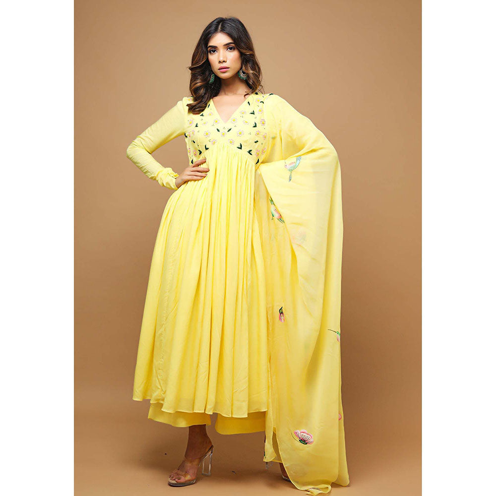 AHI Clothing Yellow Modal V-Neck Floral Anarkali with Palazzo and Dupatta