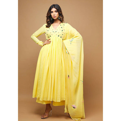 AHI Clothing Yellow Modal V-Neck Floral Anarkali with Palazzo and Dupatta