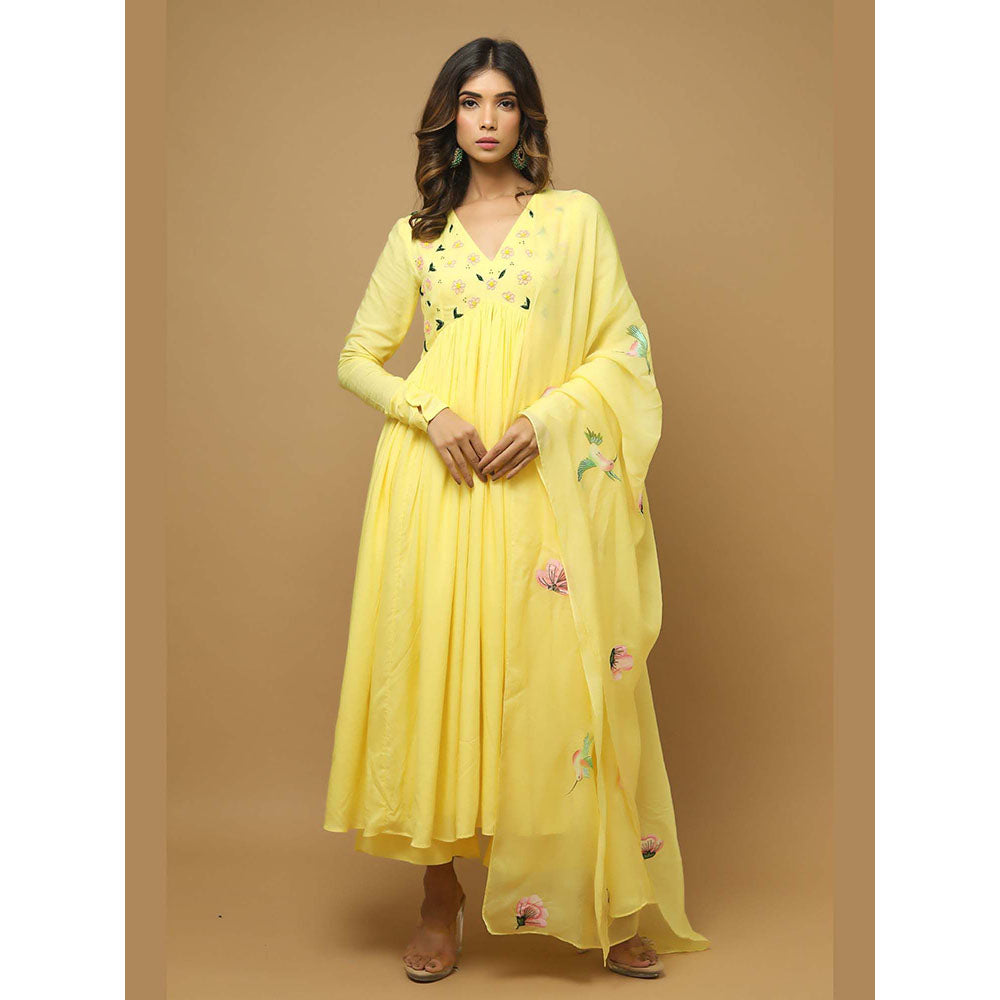 AHI Clothing Yellow Modal V-Neck Floral Anarkali with Palazzo and Dupatta