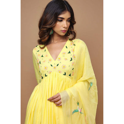 AHI Clothing Yellow Modal V-Neck Floral Anarkali with Palazzo and Dupatta