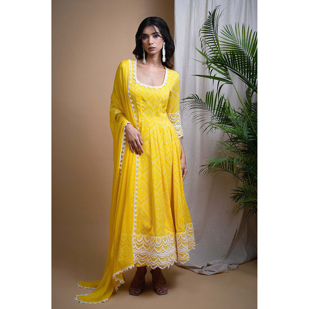 AHI Clothing Yellow Georgette Scoop Neck Printed Anarkali with Palazzo and Dupatta