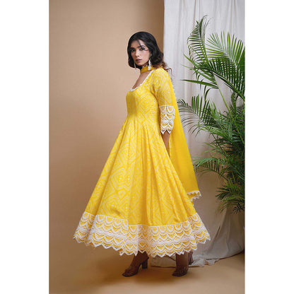 AHI Clothing Yellow Georgette Scoop Neck Printed Anarkali with Palazzo and Dupatta