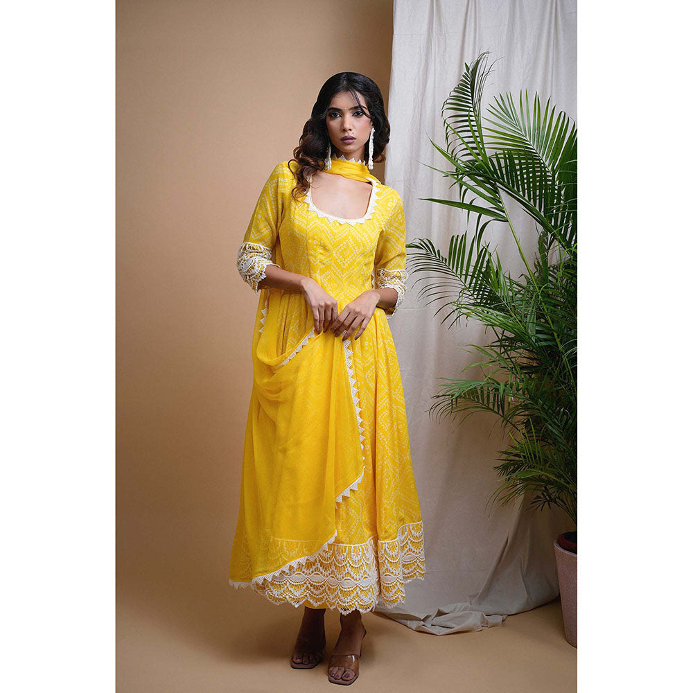 AHI Clothing Yellow Georgette Scoop Neck Printed Anarkali with Palazzo and Dupatta