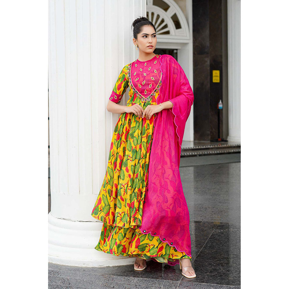 AHI Clothing Yellow Crepe Round Neck Floral Bustier with Anarkali with Palazzo with Dupatta