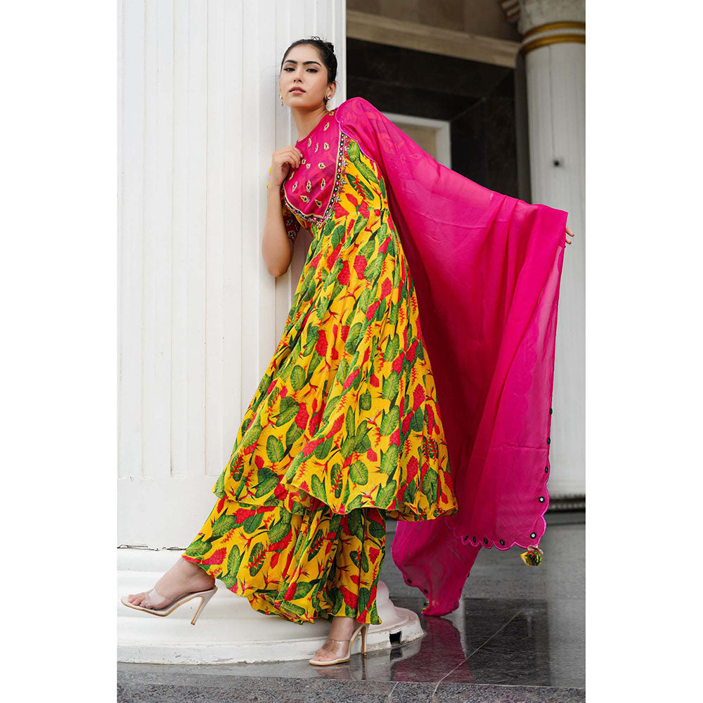AHI Clothing Yellow Crepe Round Neck Floral Bustier with Anarkali with Palazzo with Dupatta