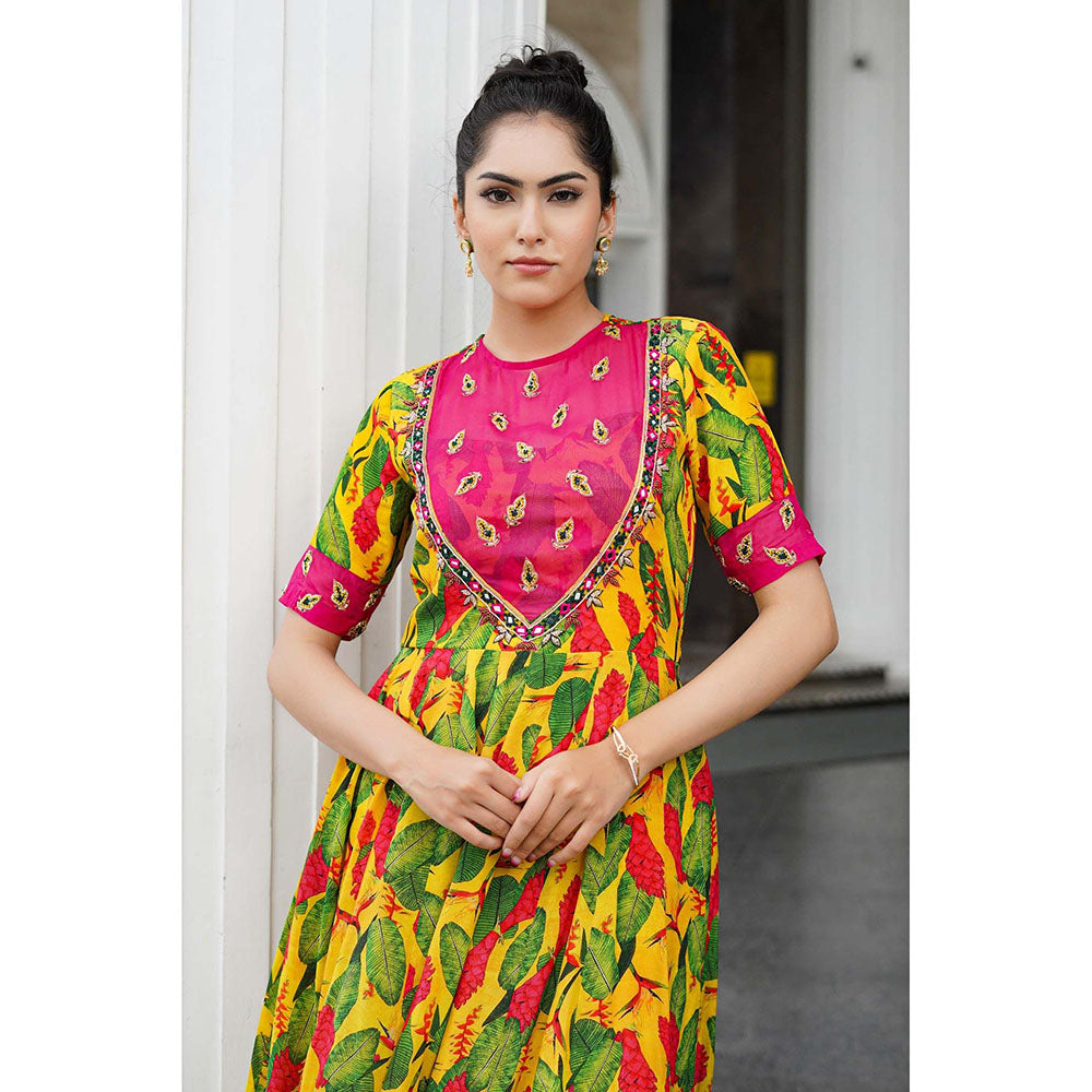 AHI Clothing Yellow Crepe Round Neck Floral Bustier with Anarkali with Palazzo with Dupatta