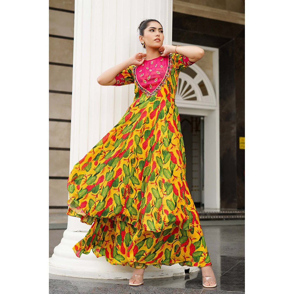 AHI Clothing Yellow Crepe Round Neck Floral Bustier with Anarkali with Palazzo with Dupatta