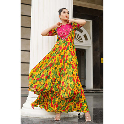 AHI Clothing Yellow Crepe Round Neck Floral Bustier with Anarkali with Palazzo with Dupatta