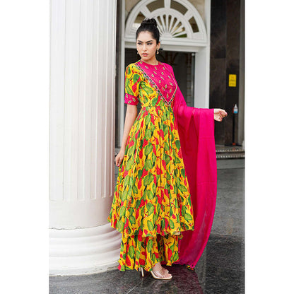AHI Clothing Yellow Crepe Round Neck Floral Bustier with Anarkali with Palazzo with Dupatta