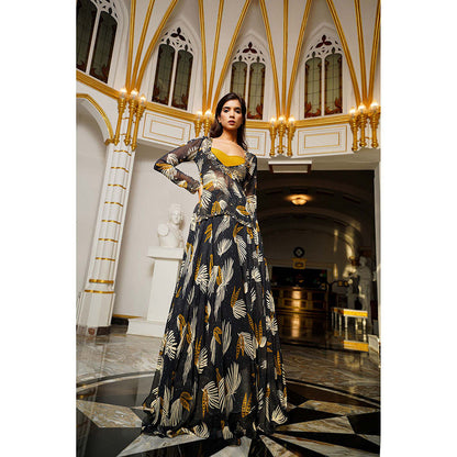 AHI Clothing Black Abstract Georgette Lehenga and Bustier with Short Kurta