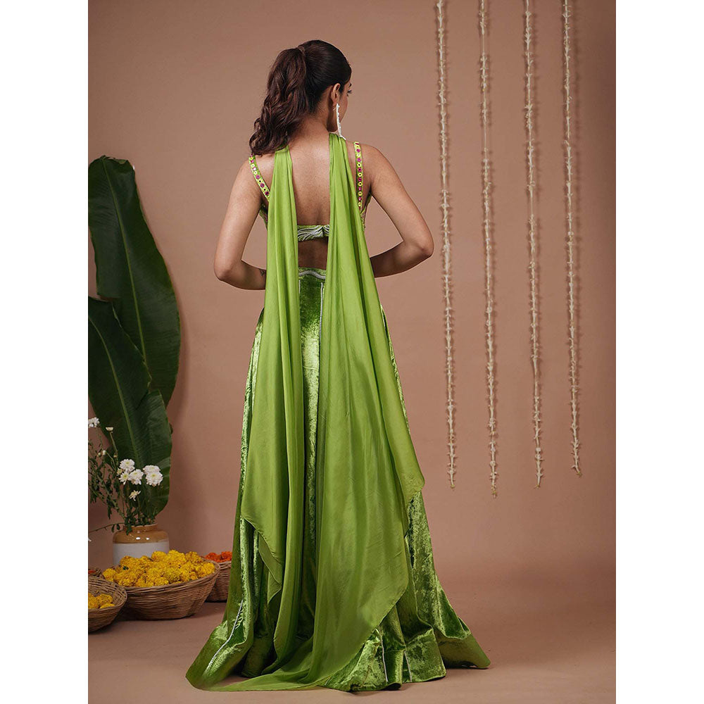 AHI Clothing Bright Green Velvet Indo Lehenga And Blouse With Dupatta