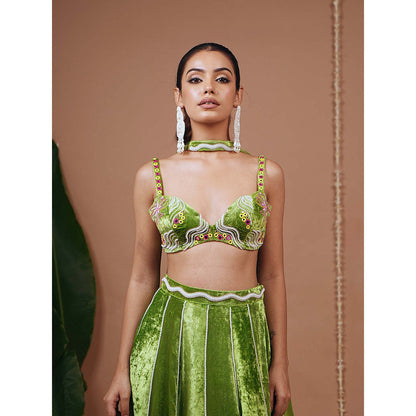 AHI Clothing Bright Green Velvet Indo Lehenga And Blouse With Dupatta