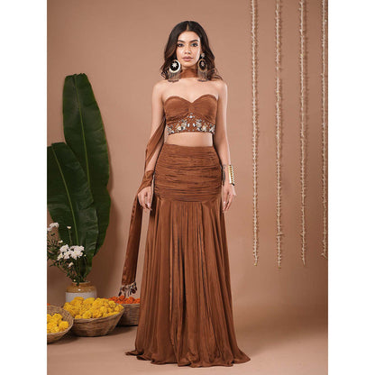 AHI Clothing Brown Indo Crepe Corset With Skirt And Dupatta