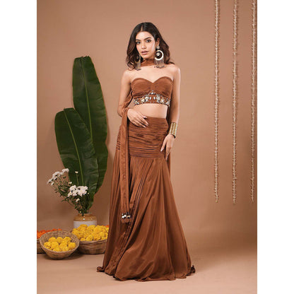 AHI Clothing Brown Indo Crepe Corset With Skirt And Dupatta