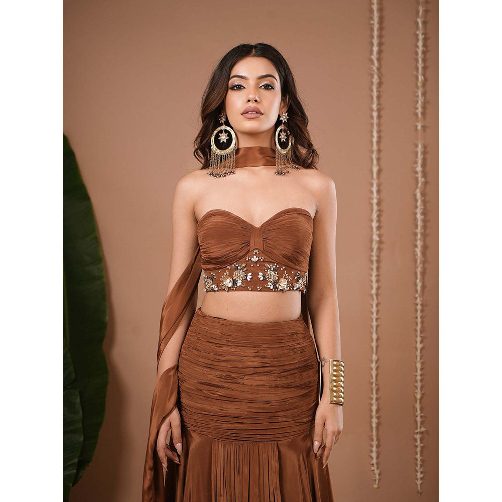 AHI Clothing Brown Indo Crepe Corset With Skirt And Dupatta