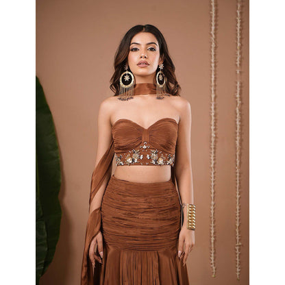 AHI Clothing Brown Indo Crepe Corset With Skirt And Dupatta