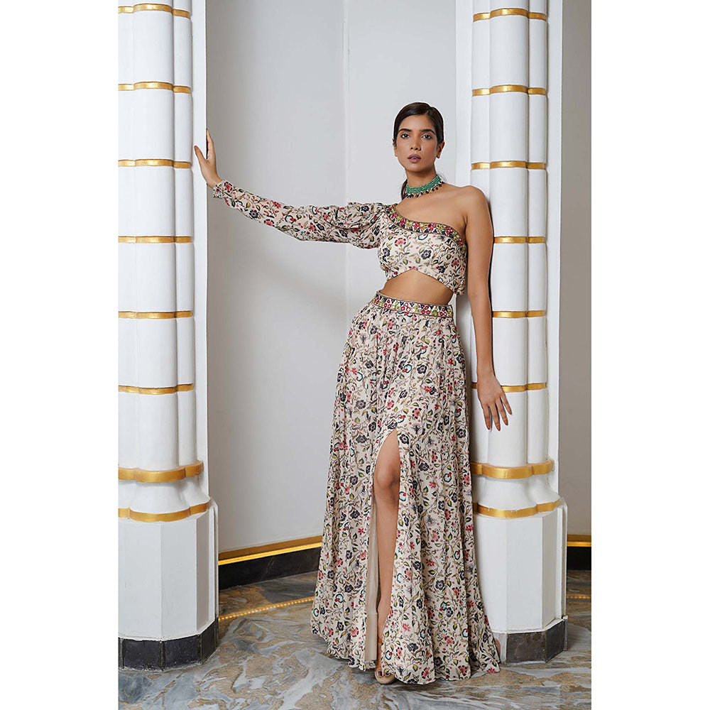 AHI Clothing Cream Floral One Shoulder Georgette Top With Skirt