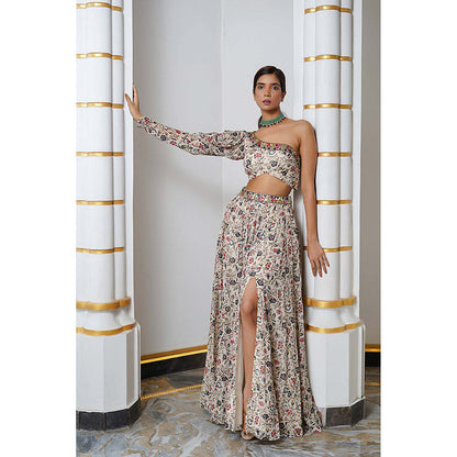 AHI Clothing Cream Floral One Shoulder Georgette Top With Skirt