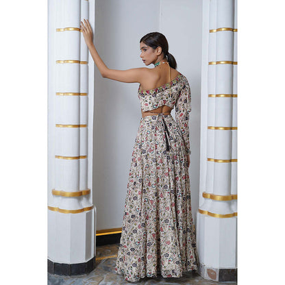 AHI Clothing Cream Floral One Shoulder Georgette Top With Skirt