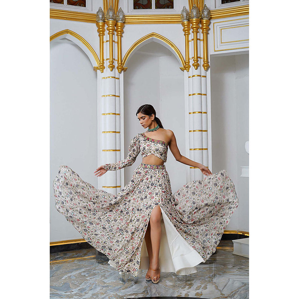 AHI Clothing Cream Floral One Shoulder Georgette Top With Skirt