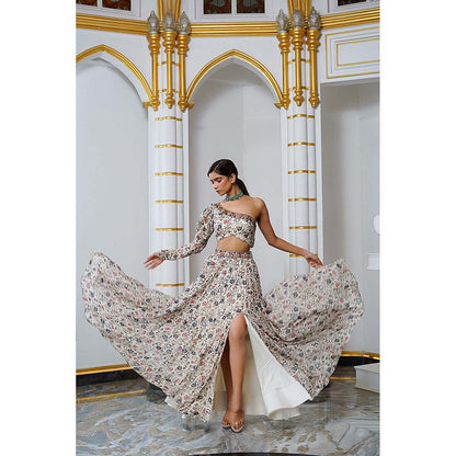AHI Clothing Cream Floral One Shoulder Georgette Top With Skirt