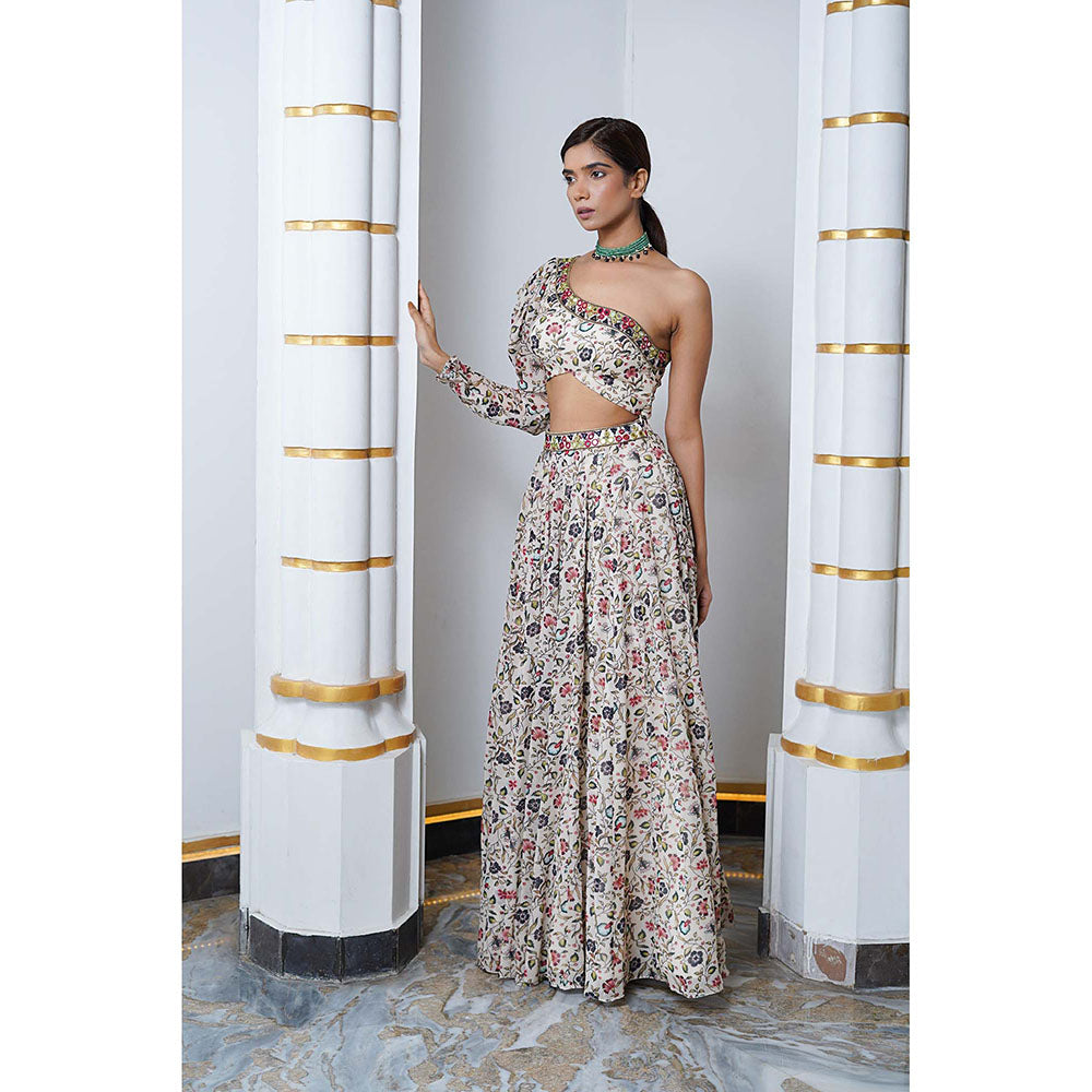 AHI Clothing Cream Floral One Shoulder Georgette Top With Skirt