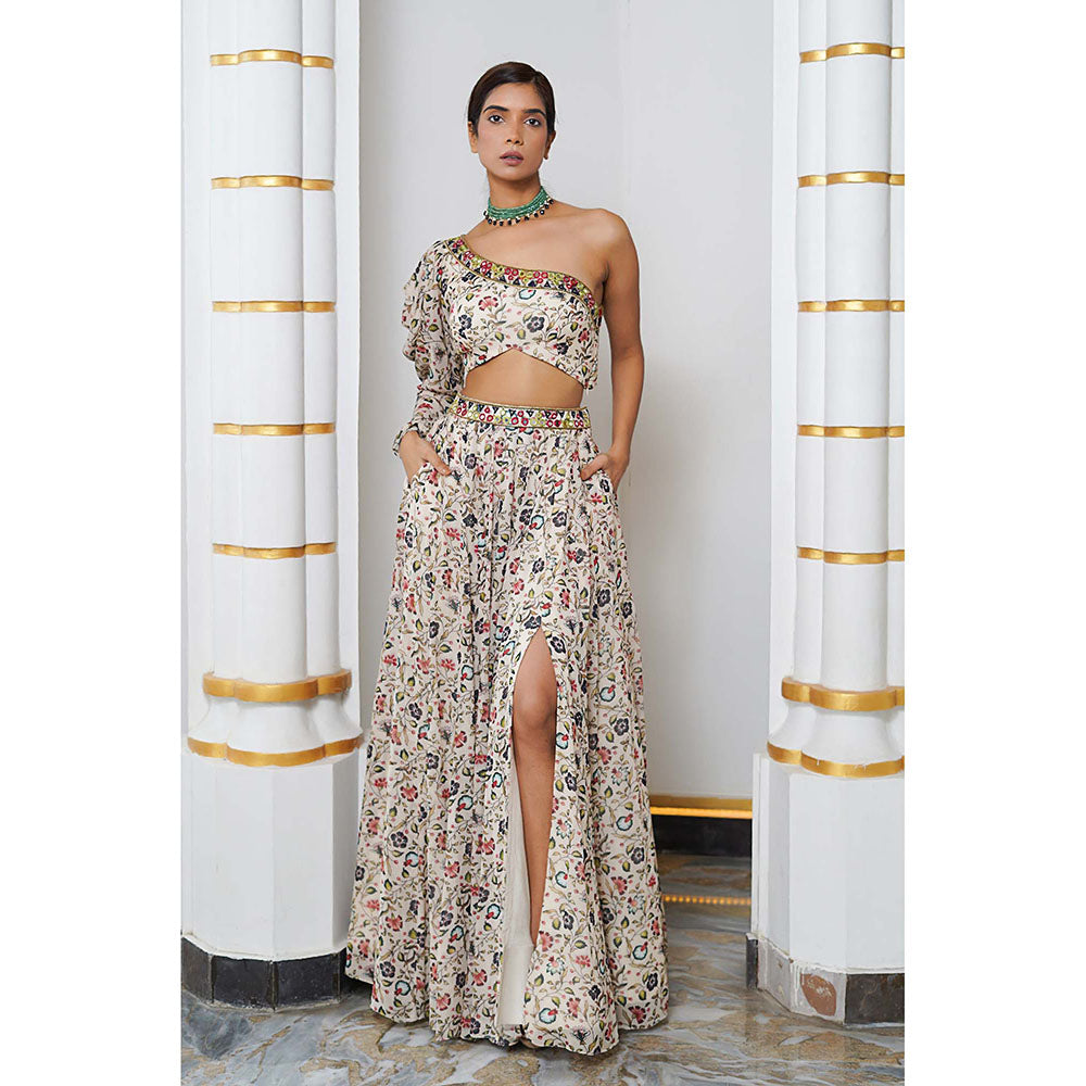AHI Clothing Cream Floral One Shoulder Georgette Top With Skirt