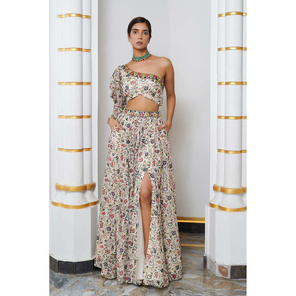 AHI Clothing Cream Floral One Shoulder Georgette Top With Skirt