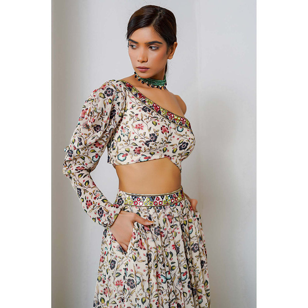 AHI Clothing Cream Floral One Shoulder Georgette Top With Skirt