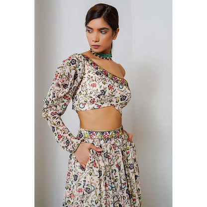 AHI Clothing Cream Floral One Shoulder Georgette Top With Skirt
