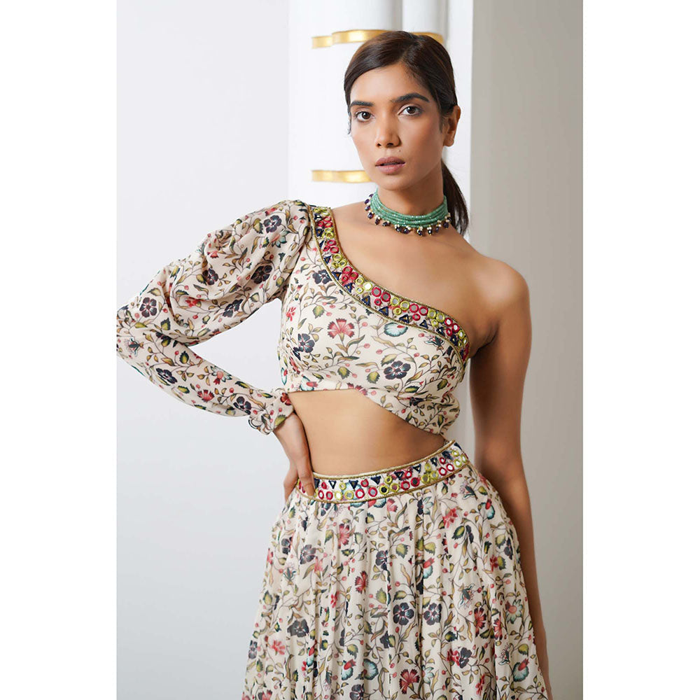 AHI Clothing Cream Floral One Shoulder Georgette Top With Skirt