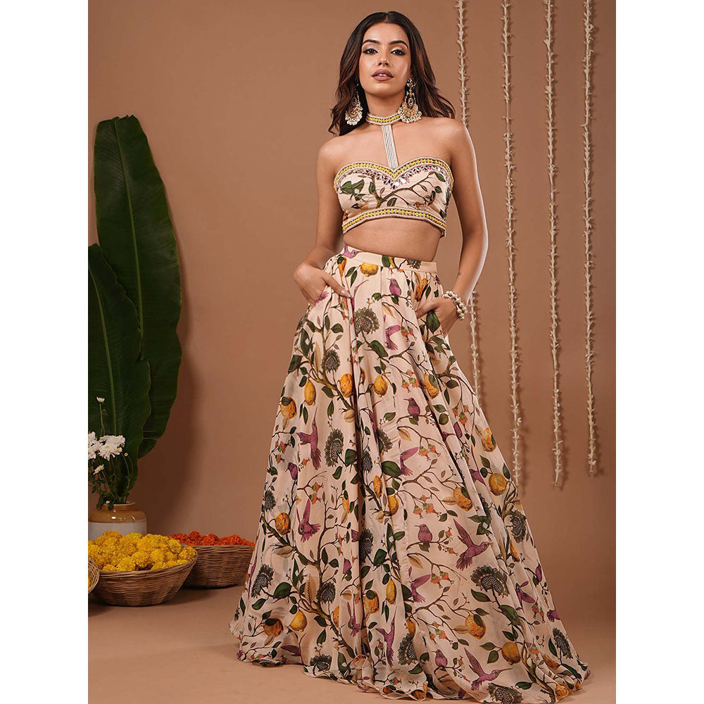 AHI Clothing Cream Lemon Printed Indo Top With Skirt