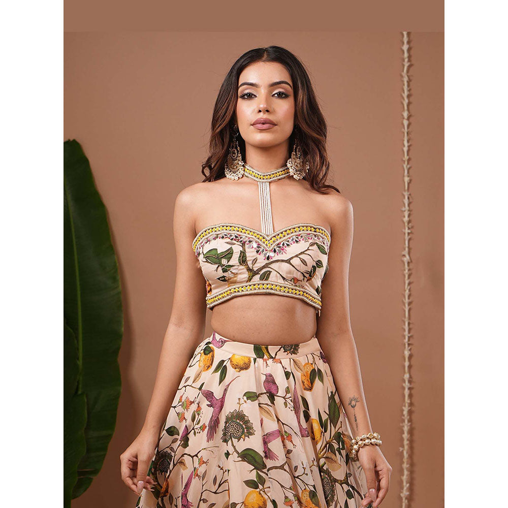 AHI Clothing Cream Lemon Printed Indo Top With Skirt
