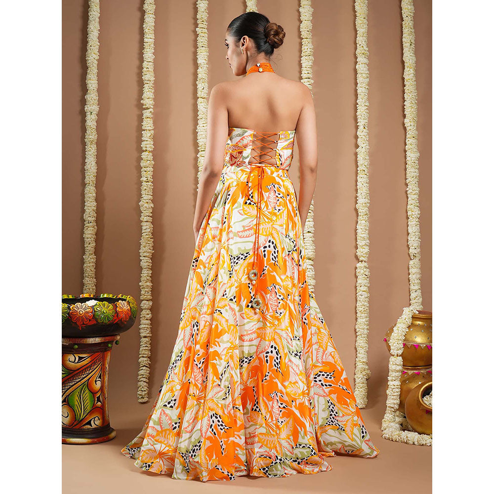AHI Clothing Forest Orange Crepe Printed Corset Drape And Skirt