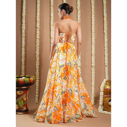 AHI Clothing Forest Orange Crepe Printed Corset Drape And Skirt