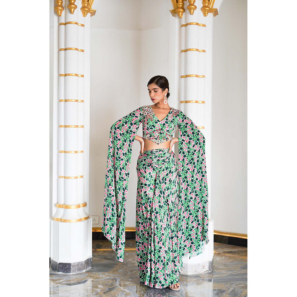 AHI Clothing Green Floral Cape Sleeve Indo Crepe Top With Skirt