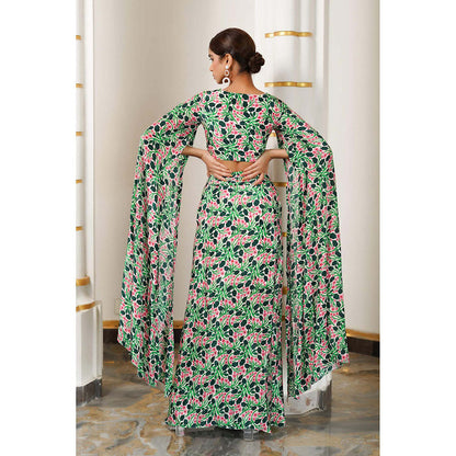 AHI Clothing Green Floral Cape Sleeve Indo Crepe Top With Skirt