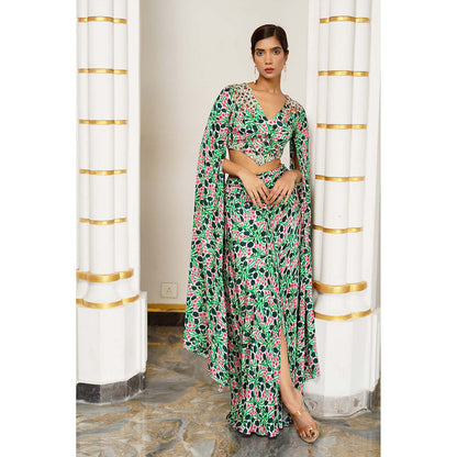 AHI Clothing Green Floral Cape Sleeve Indo Crepe Top With Skirt