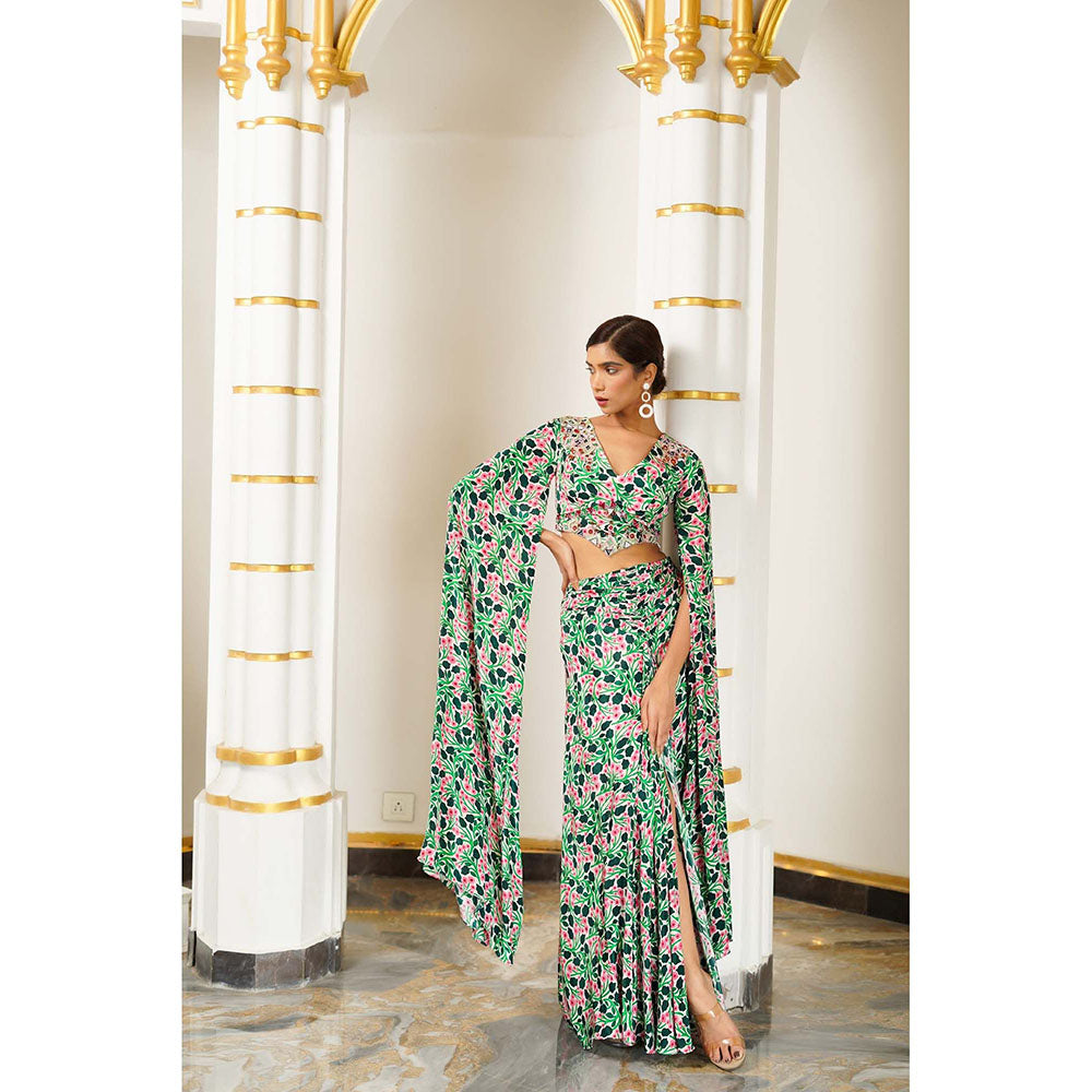 AHI Clothing Green Floral Cape Sleeve Indo Crepe Top With Skirt