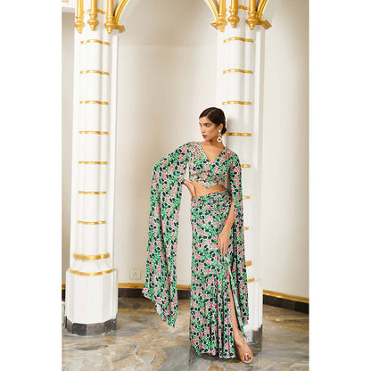 AHI Clothing Green Floral Cape Sleeve Indo Crepe Top With Skirt