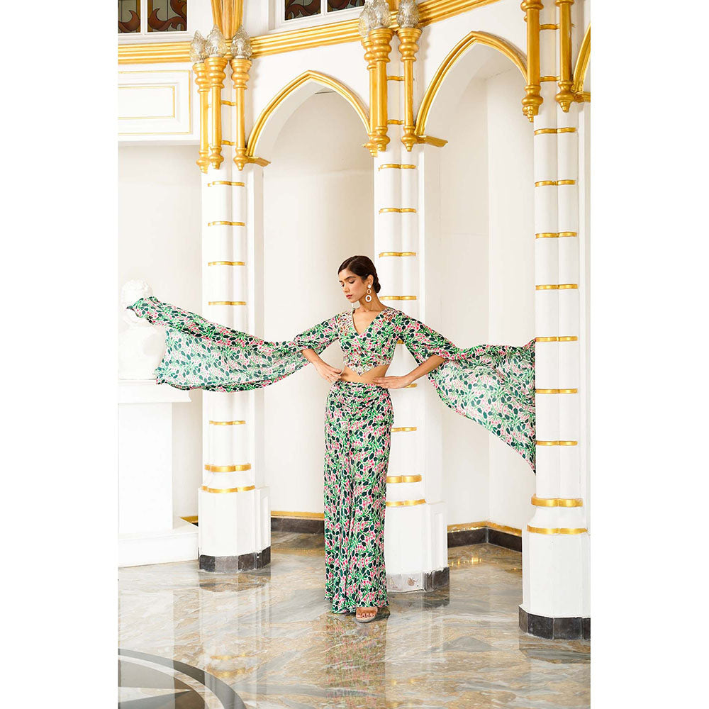 AHI Clothing Green Floral Cape Sleeve Indo Crepe Top With Skirt