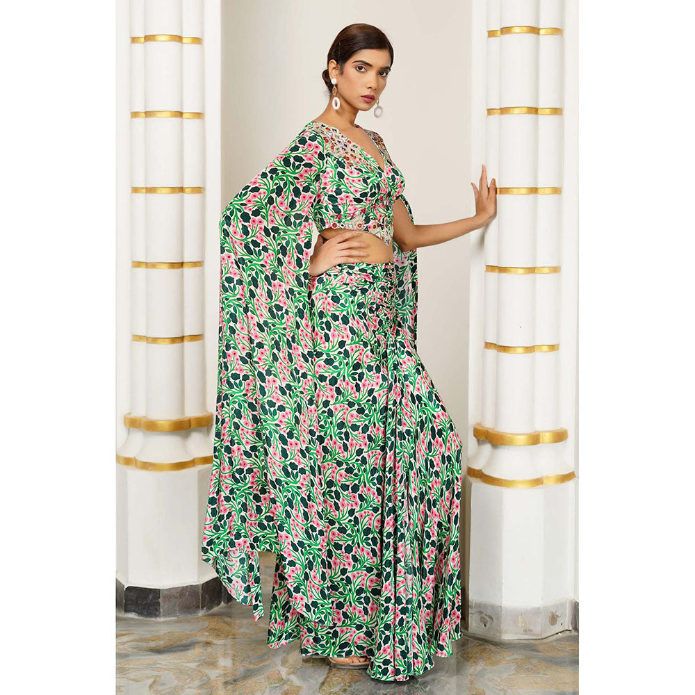 AHI Clothing Green Floral Cape Sleeve Indo Crepe Top With Skirt