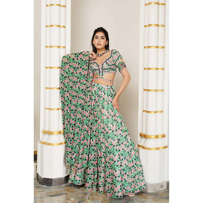 AHI Clothing Green Floral Georgette Lehenga And Blouse With Dupatta