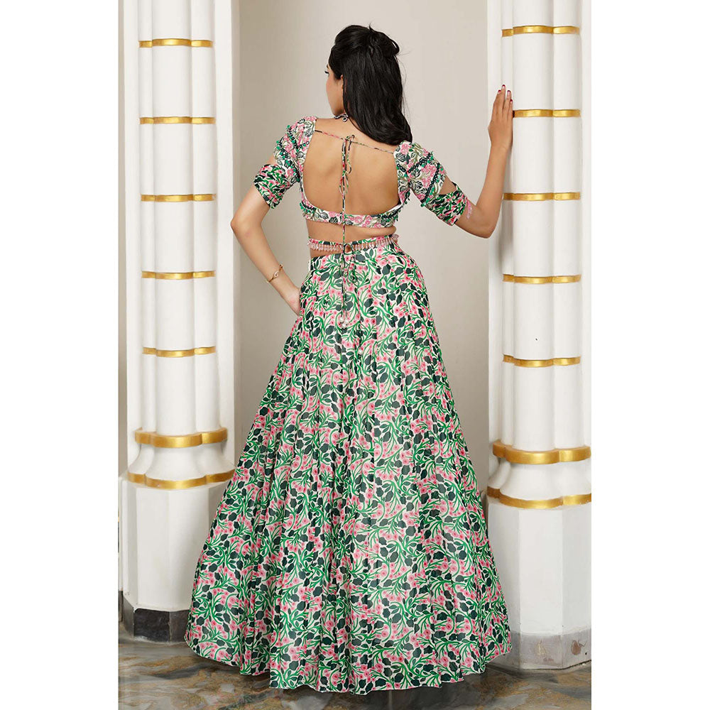 AHI Clothing Green Floral Georgette Lehenga And Blouse With Dupatta