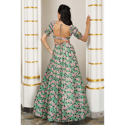 AHI Clothing Green Floral Georgette Lehenga And Blouse With Dupatta