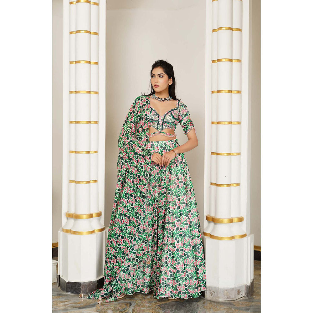 AHI Clothing Green Floral Georgette Lehenga And Blouse With Dupatta