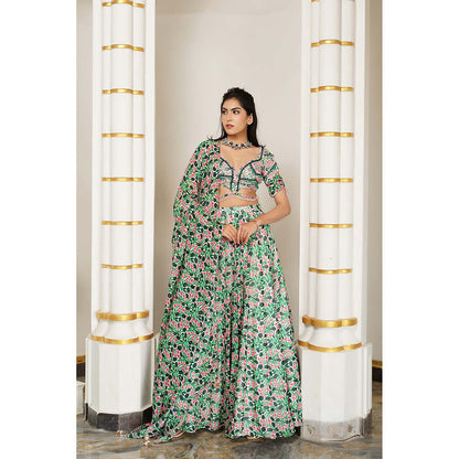 AHI Clothing Green Floral Georgette Lehenga And Blouse With Dupatta