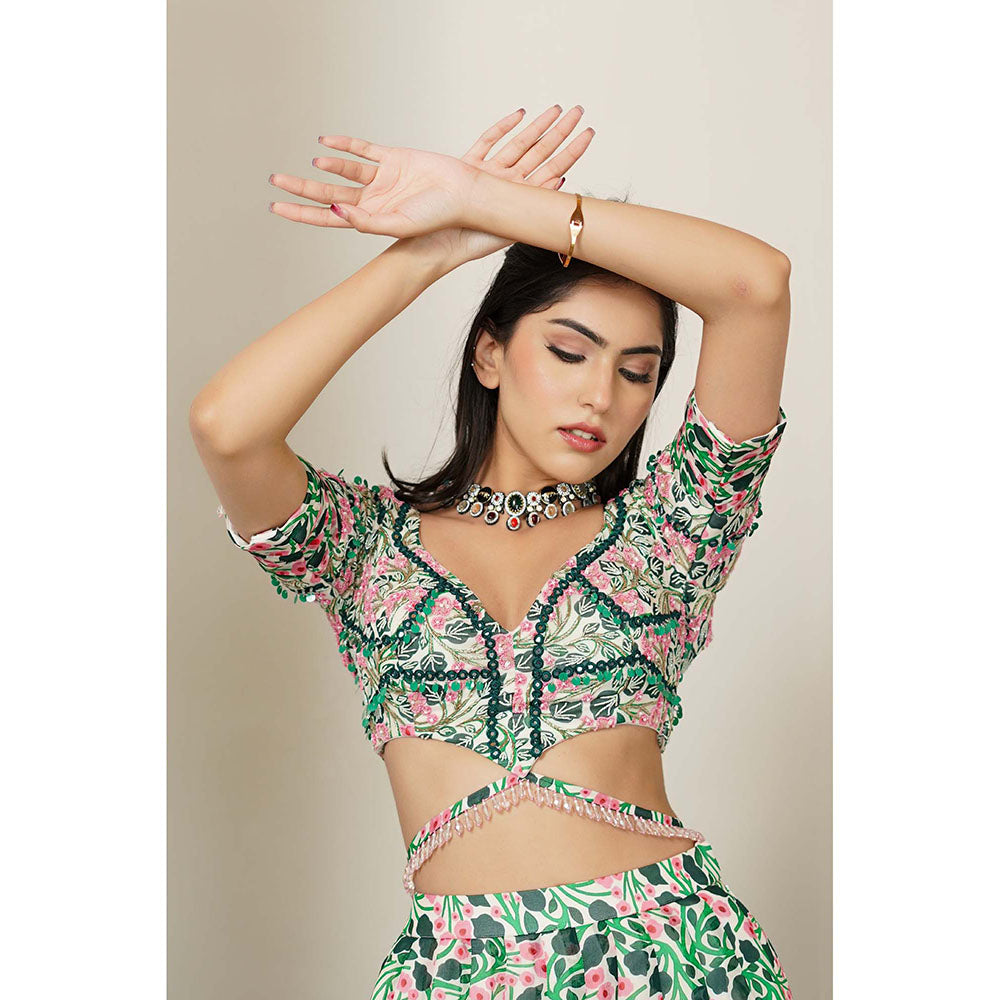 AHI Clothing Green Floral Georgette Lehenga And Blouse With Dupatta