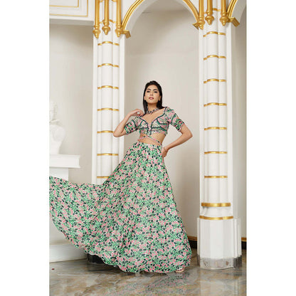 AHI Clothing Green Floral Georgette Lehenga And Blouse With Dupatta