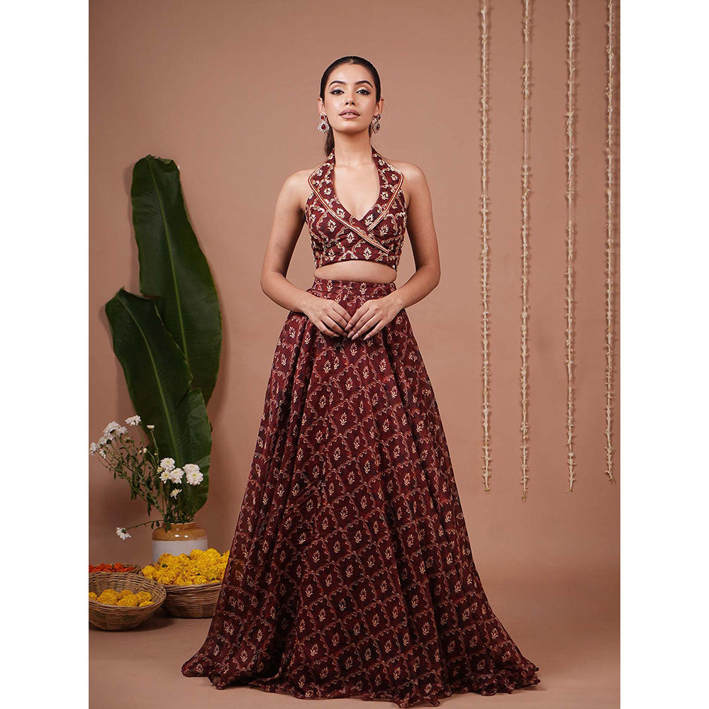 AHI Clothing Maroon Halter Lapel Neck Indo Lehenga And Blouse